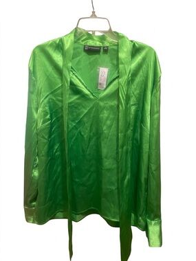 New York & Company Vibrant Green Satin Tie-Neck Blouse Jacket